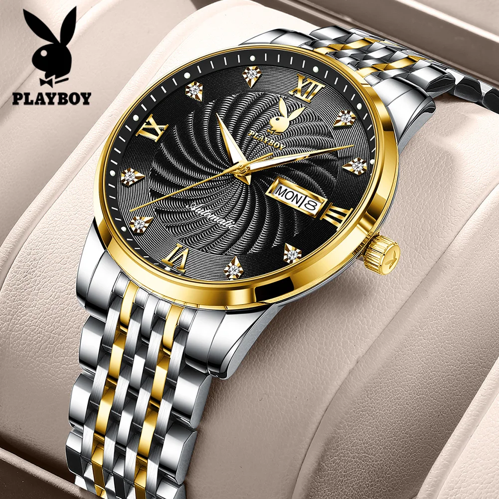 PLAYBOY Ultra Thin Dial Man Watch Stainless Steel Automatic Mechanical Luxury Watches for Men High Quality Men\'s Wrist Watches