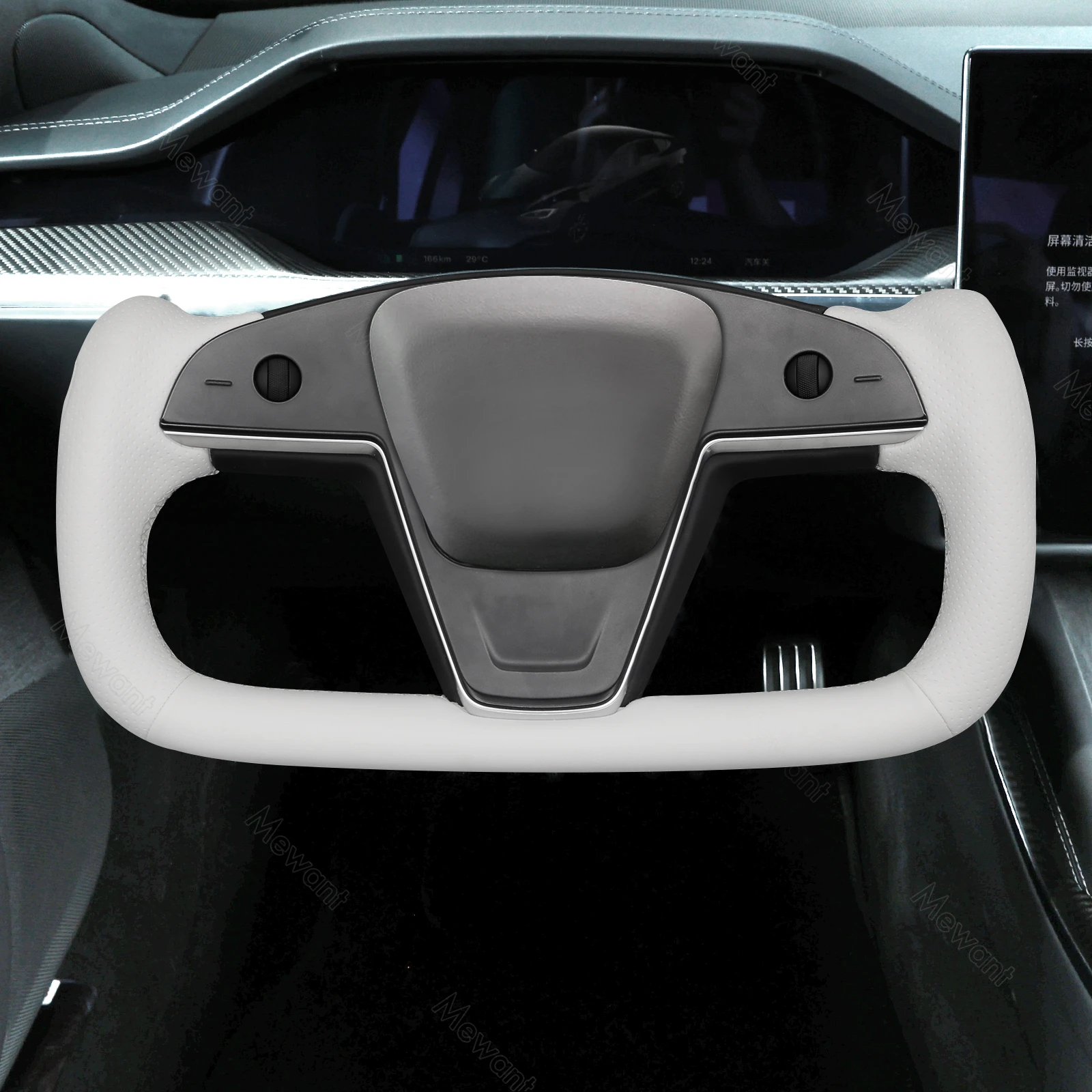 MEWANT White Leather Carbon Fiber Car Steering Wheel Cover for Tesla Model S 2021-2023 Model X 2021-2023
