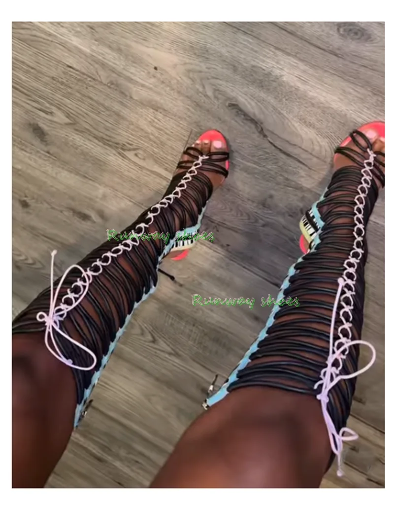 Gladiator Over-The-Knee Sandals Metal Chain Decorate Bow Lace Stilettos Open Toes Back Zipper Party Sandals Luxury Women's Boots view 6