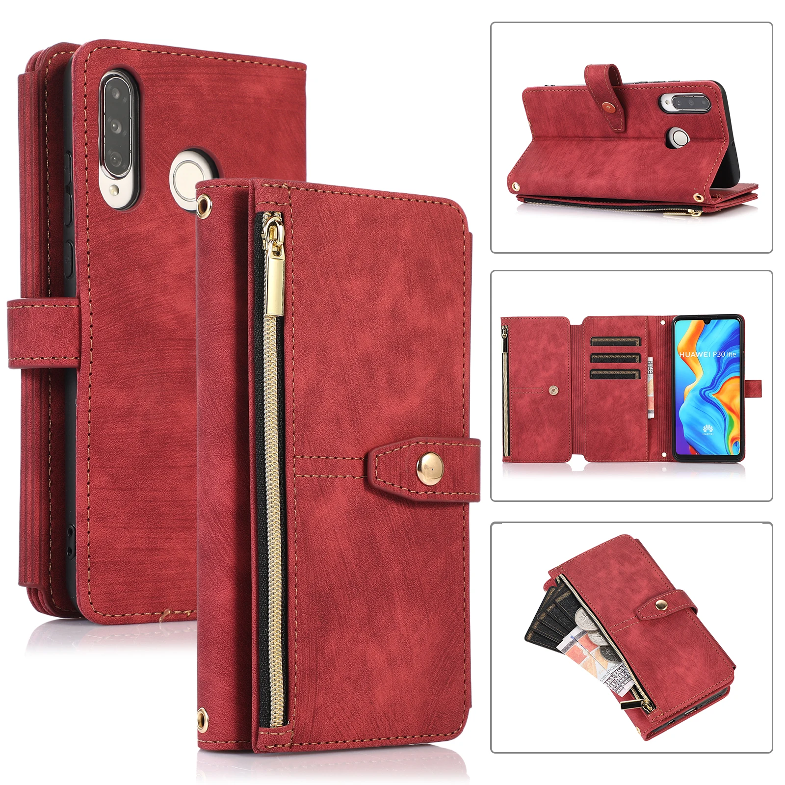 

Luxury Zipper Leather Wallet Covers Case For HUAWEI P30 Pro Lite Nova 4e Card Slots Phone Bag