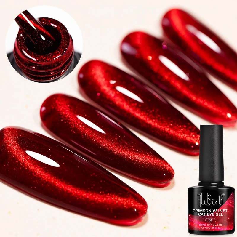 AWStorG 7.5ml Crimson Velvet Cat Eye Magnetic Gel Nail Polish For Nails Toes DIY Sparking Glass Varnish Semi Permanent UV Gel