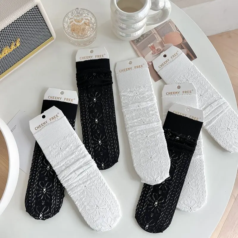 Solid Color Black White Socks Lolita Kawaii Cute Mesh Fishnet Lace Socks Women Summer Thin Breathable Nylon Long Socks Stockings