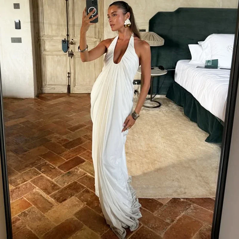 

Fall New Pleated Halter Dress For Women Sexy Loose Backless Maxi Dress Fashion Mesh Splice Sleeveless Dress Female