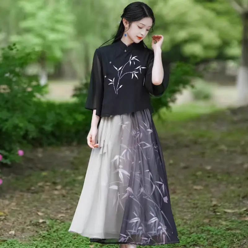 New Chinese Style Set Lliterary Artistic Retro Printed Chiffon Improved Tang Hanfu Cheongsam Top Skirt Elegant Outfits Z168