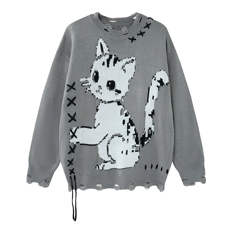 Cat Strap Hole Graphic Men Sweaters Vintage Oversized Y2K Sweater Jumpers Streetwear Harajuku HipHop Patchwork Sweaters Knitwear