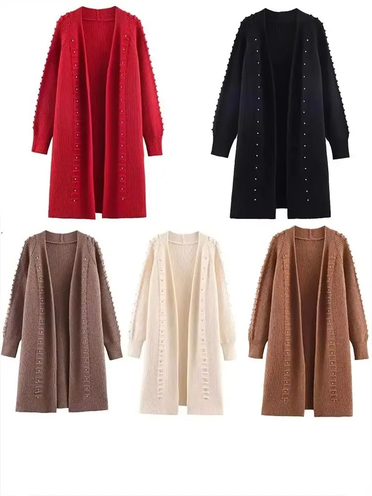 

HH Women Fashion Rivet Decoration Knitting Cardigans Women Autumn Chic Textured Long Sleeve Solid 5-color High-elastic Long Coat