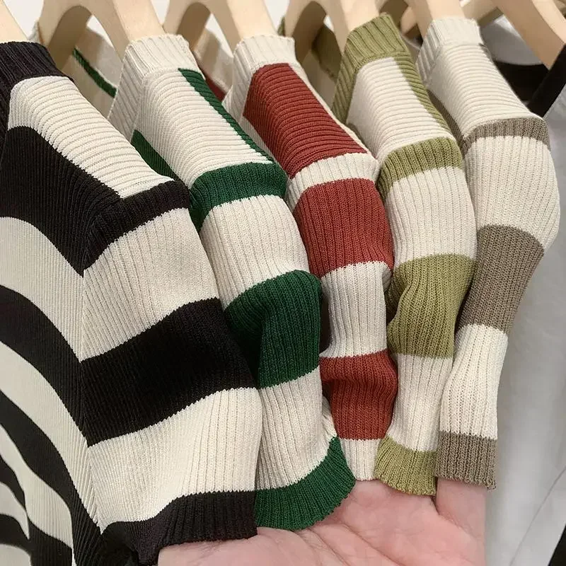 

Fashion Women Short Striped Bottoming T-shirt Summer New Vintage Tees Casual All-match Short Sleeve Pullover Knitted Tops