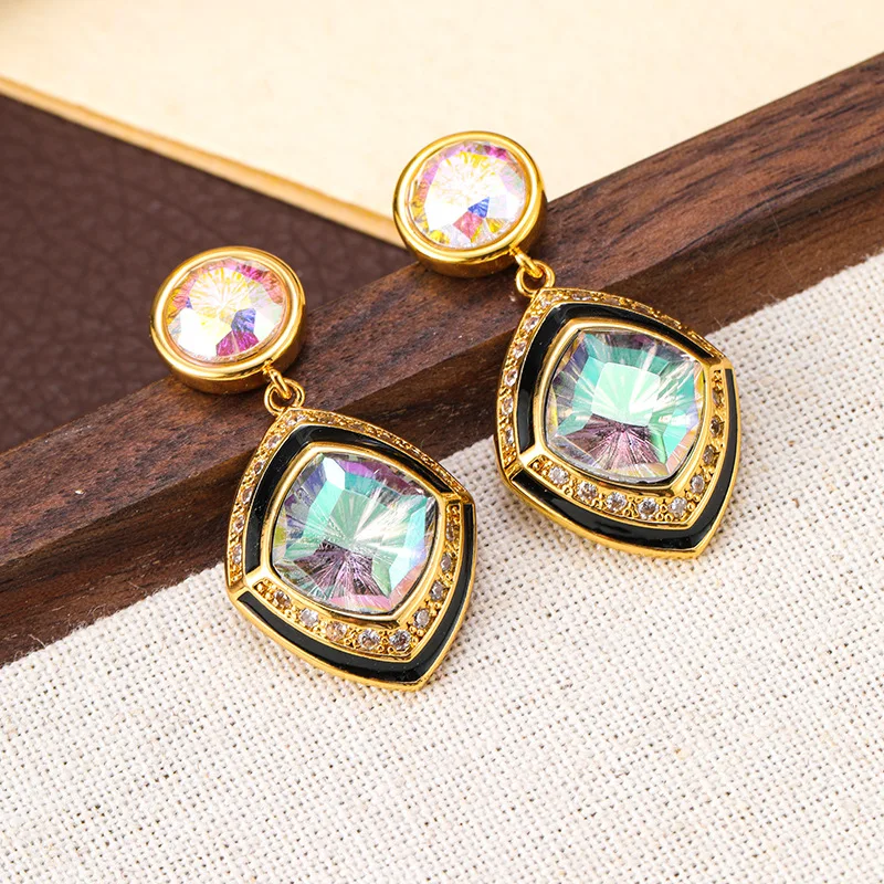 

Vintage court style inlaid gem drop glaze temperament earrings jewelry