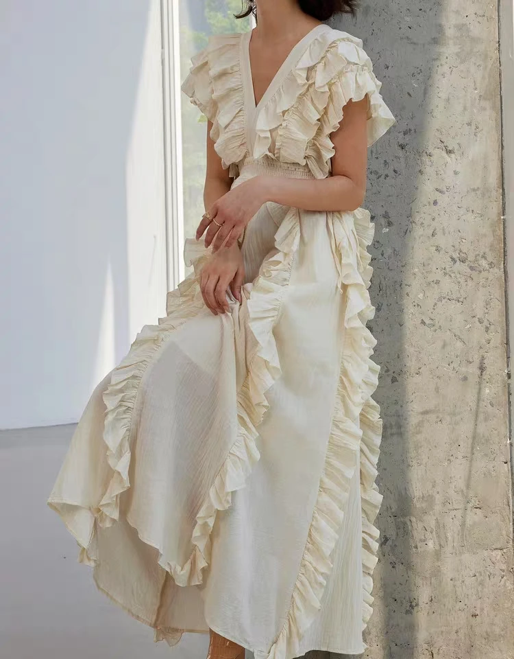 

Women's Summer Elegant Holiday Deep V Neck Ruffles Sleeveless Long Dress Lady Streetwear Beach Solid Color Cake Dress