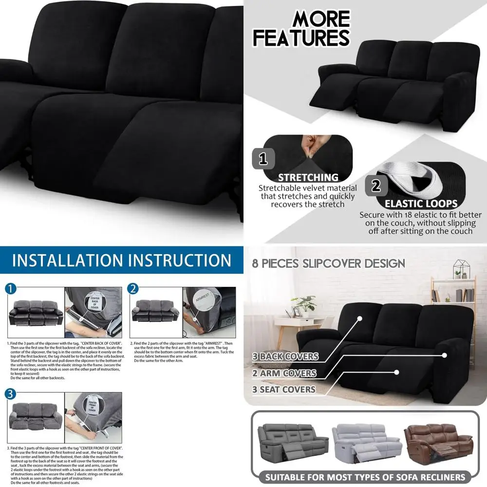 

Эластичные чехлы для диванов с 3 подушками — бархатный набор чехлов из 8 предметов для дивана с откидной спинкой, толстые и мягкие, моющиеся, черные