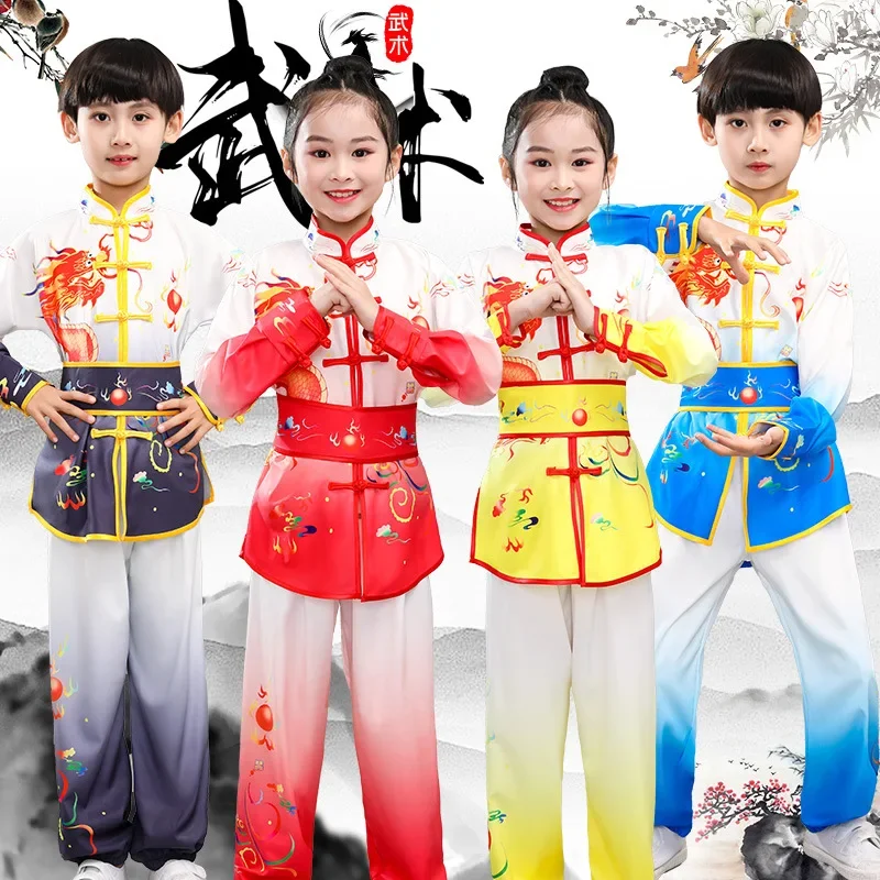 New male and female children martial arts costumes show training kung fu group competition clothing summer and autumn