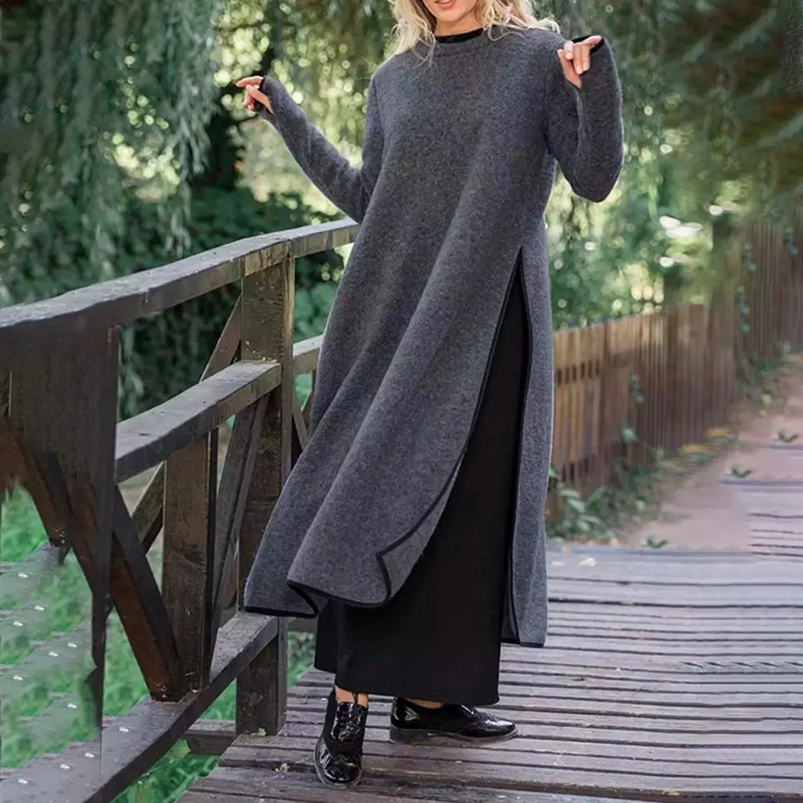 

2023 Autumn Women Long Pullover Sweatshirt Robe Vintage Dresses Casual Sundress Solid Split Midi Loose Femme Vestidos Oversized