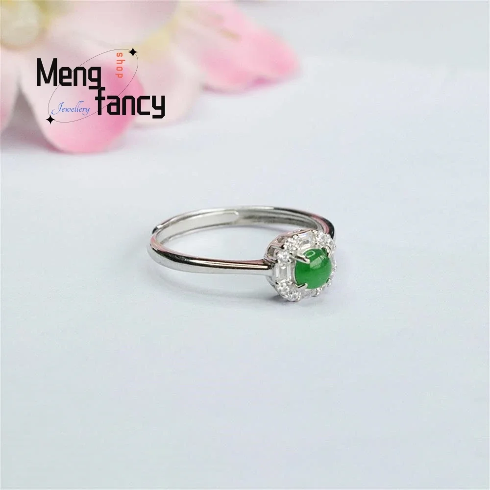 S925 Silver Inlaid Natural Jadeite Ice Type Imperial Green Finger Ring Exquisite Elegant High-grade Luxury Fashion Fine Jewelry