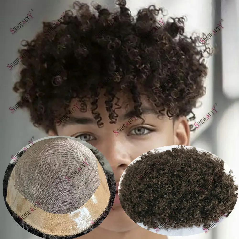 8mm Afro Toupee Man 100% Human Hair Kinky Curly Weave Unit Toupets for Men Mono Lace with NPU Around Capillary Prosthesis Wig