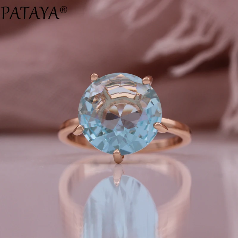 PATAYA New 585 Rose Gold Color Earrings Ring Sets For Women Blue Round Natural Zircon Bride Rings Wedding Fashion Jewelry Sets