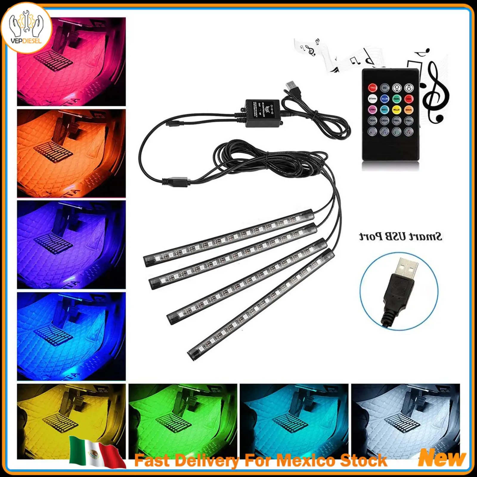 1set Car Atmosphere Light A Tow Four 48 Light Strip RGB+USB Head/ RemoteControl+Voice Control For Car Motorcycle ATV New