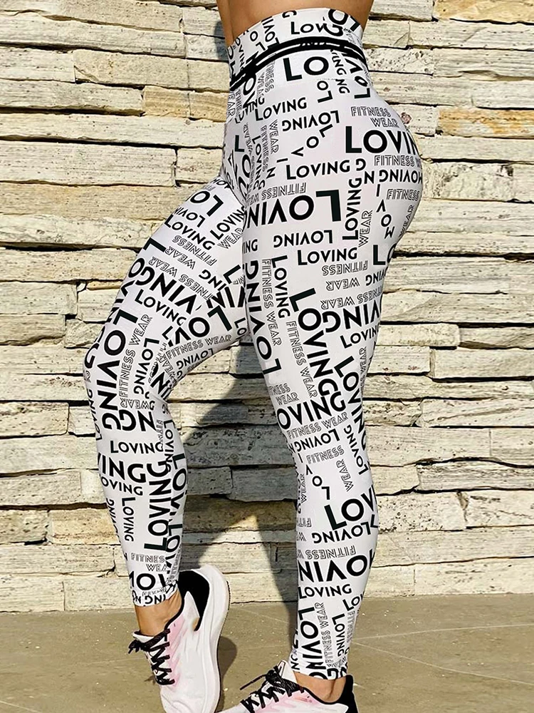 Leggings Fitness donna lettera stampa pantaloni da Yoga a vita alta Scrunch Leggins da allenamento palestra bianca Push Up calzamaglia sportiva abbigliamento donna