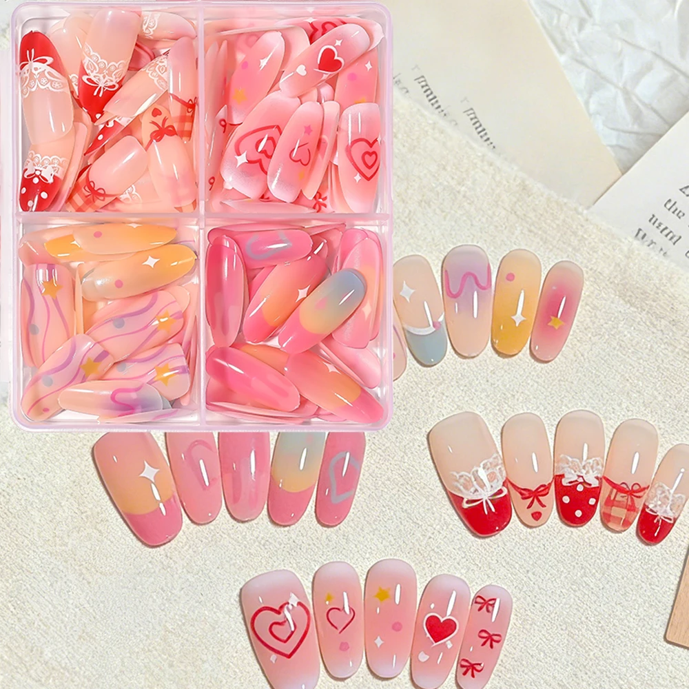 

Накладные ногти 4grids Narrow Almonds Blush Lace: милые розовые макароны, сердечки, звездочки, французский маникюр, искусственные накладные ногти