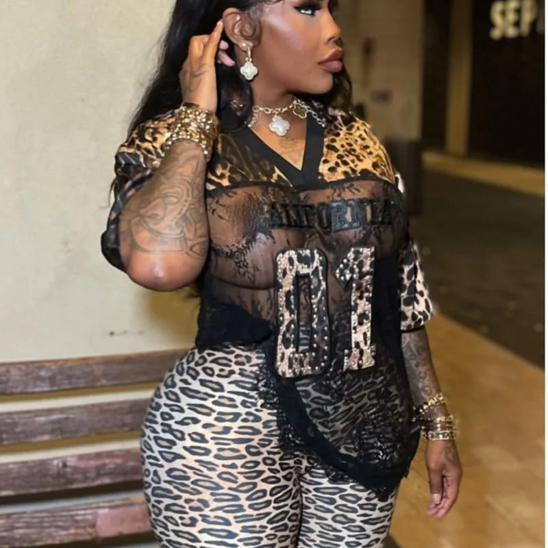 Letter Leopard Printed T-shirts Top Loose Casual Street Sexy Lace Stitching Tshirt Short-sleeved Top See Through Female Clothing