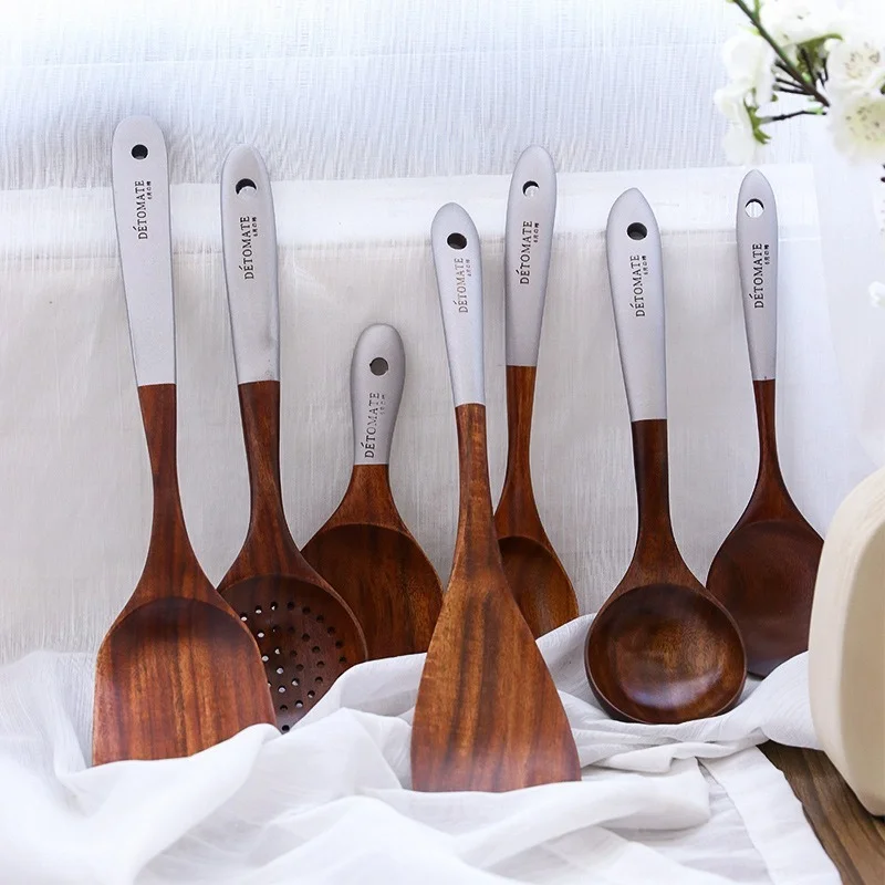 Thailand Teak Natural Wood Tableware Spoon Ladle Turner Long Rice Colander Soup Skimmer Cooking Spoons Scoop Kitchen Tool Set