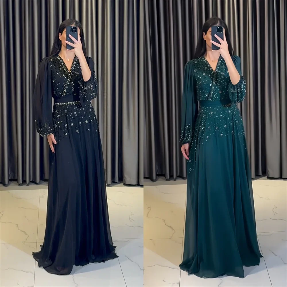 

Prom Dress Saudi Arabia Dearin V-neck A-line Floor Length Skirts Layered Tulle Applique Beading Bespoke Occasion Dresses Evening