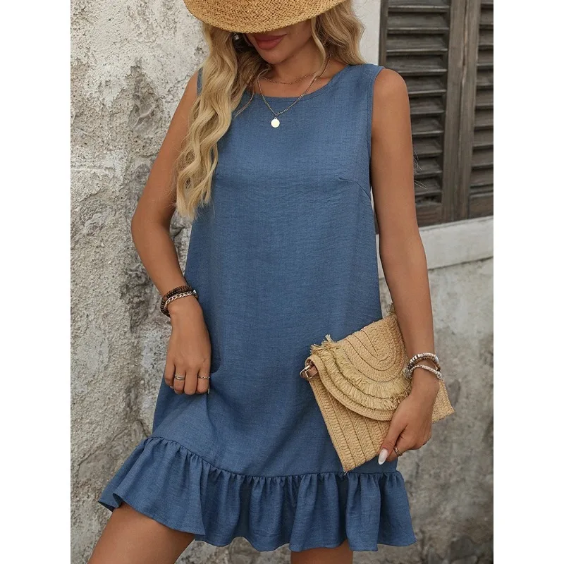Damenweste, Overall, Rundhalsausschnittrock, gerüschter Rand, ärmellos, lässige Mode, elegantes Temperament, neues Sommerprodukt