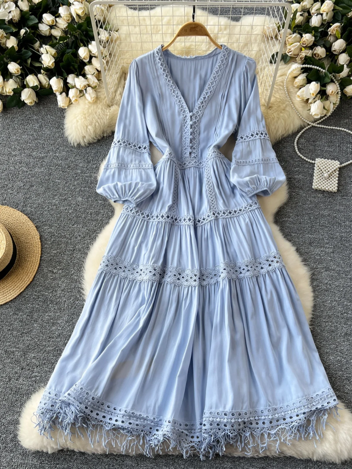 Ofallsis French Gentle Style V neck Lace Dress 2024 Summer Heavy Industry Hollow Lace Splicing Waist Slim Tassel Long Dresses