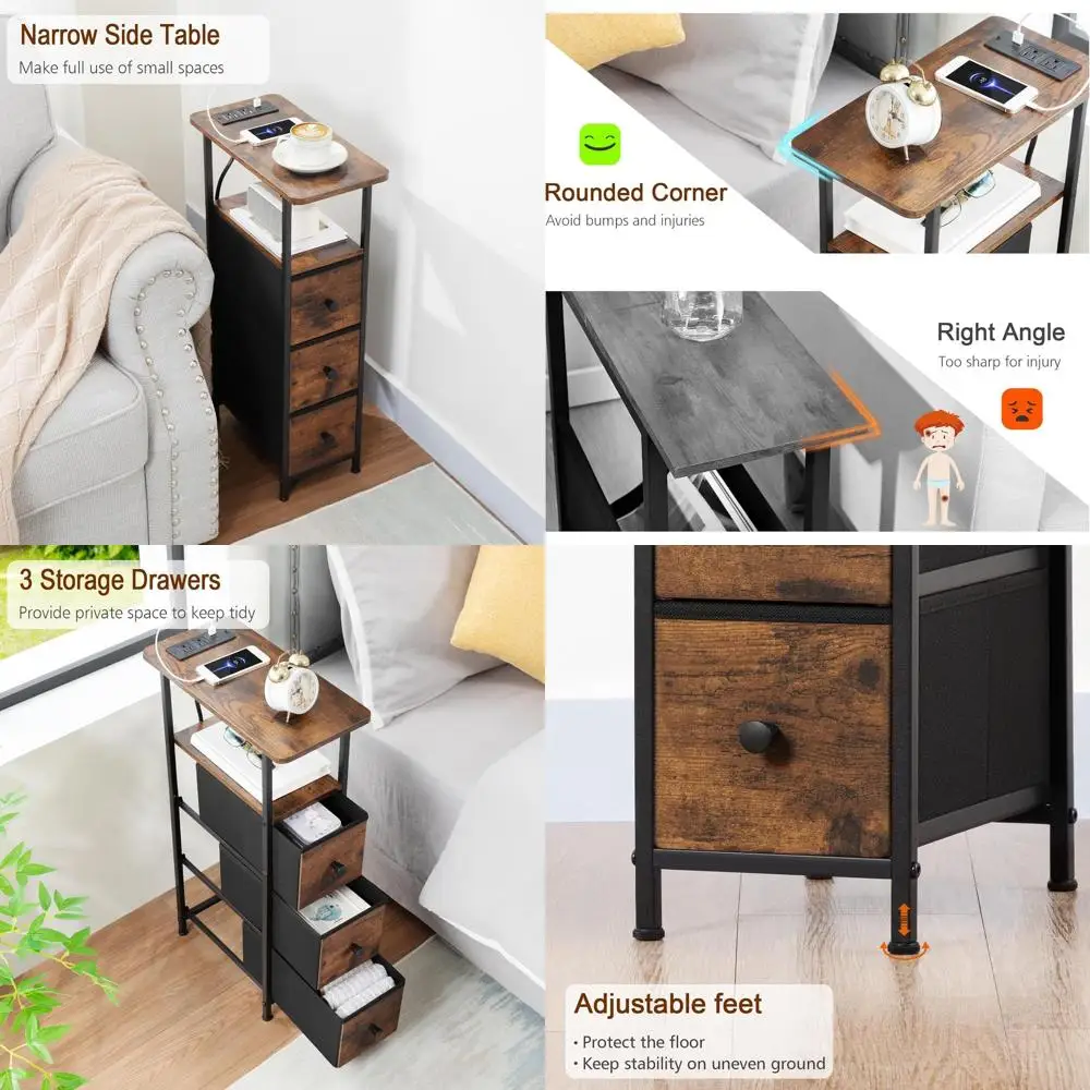 

2-Piece Living Room End Tables with Charging, Fabric Drawers, Slim Design for Small Spaces, Brown