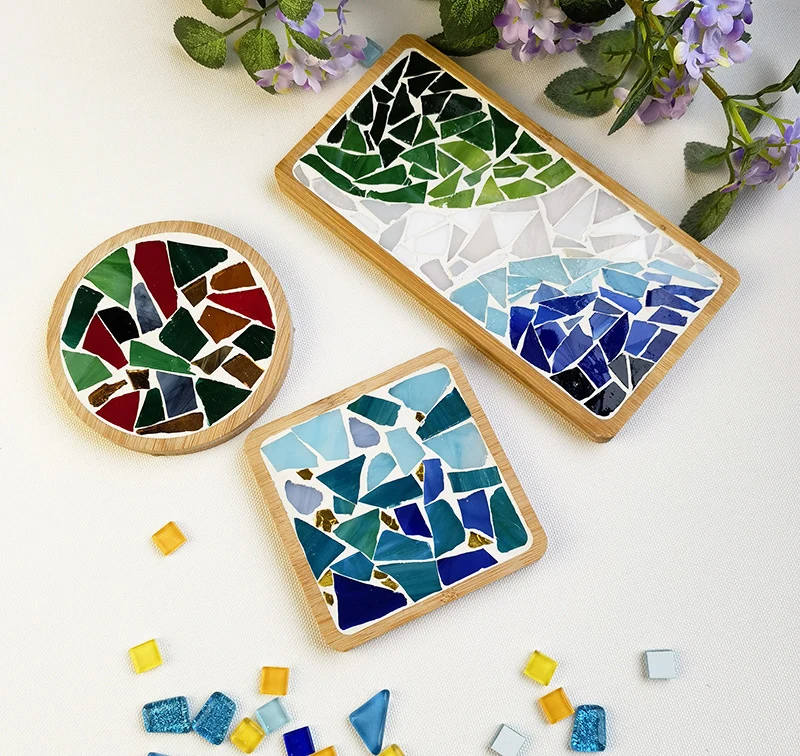 Estera de taza de mosaico hecha a mano, almohadilla de bambú inferior, posavasos cuadrado de corazón, juguetes artesanales de creación gratuita para