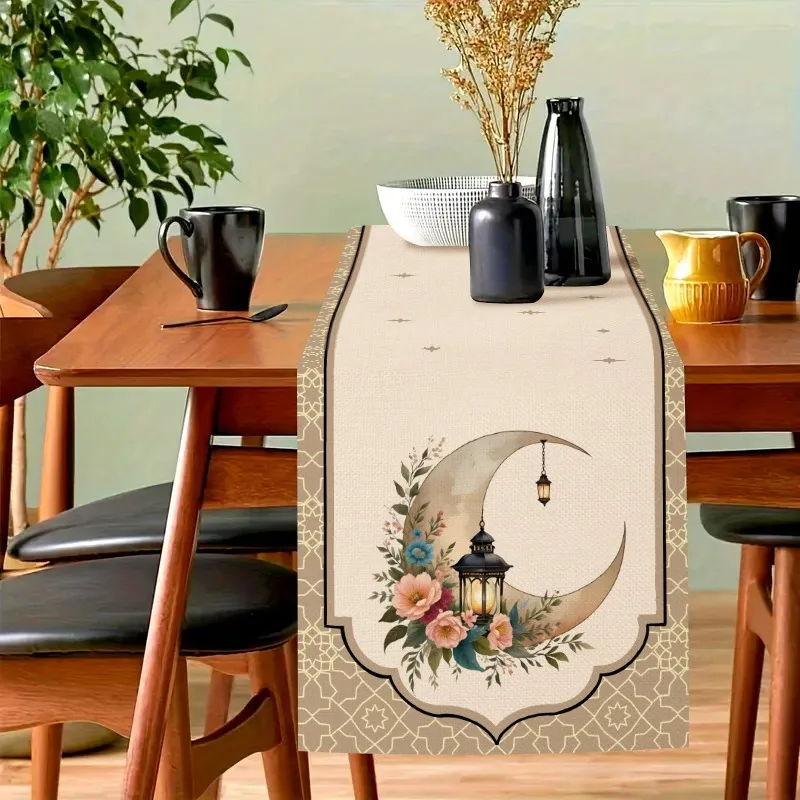Southeast Asia Moon Print Table Runner for Ramadan Eid Home Decor Islamic Festival Dining Table Decoration Rectangle Desk Cover
