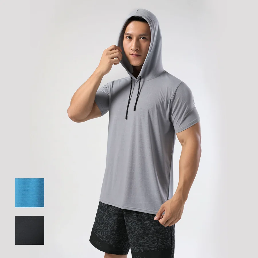 Sports hooded top fitness running training short sleeve stretch quick-drying t-shirt men clothing