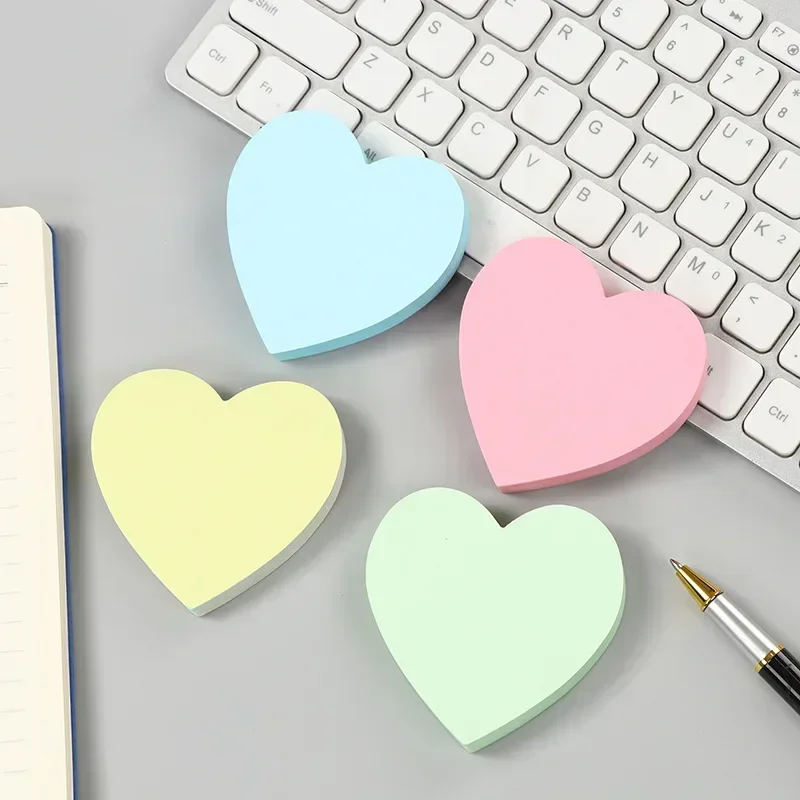 Heart Shaped Notepad para funcionários e estudantes, Sticky Note Writing Pads, Solid Color Memo Pad, Papelaria, 100 Folhas por PC