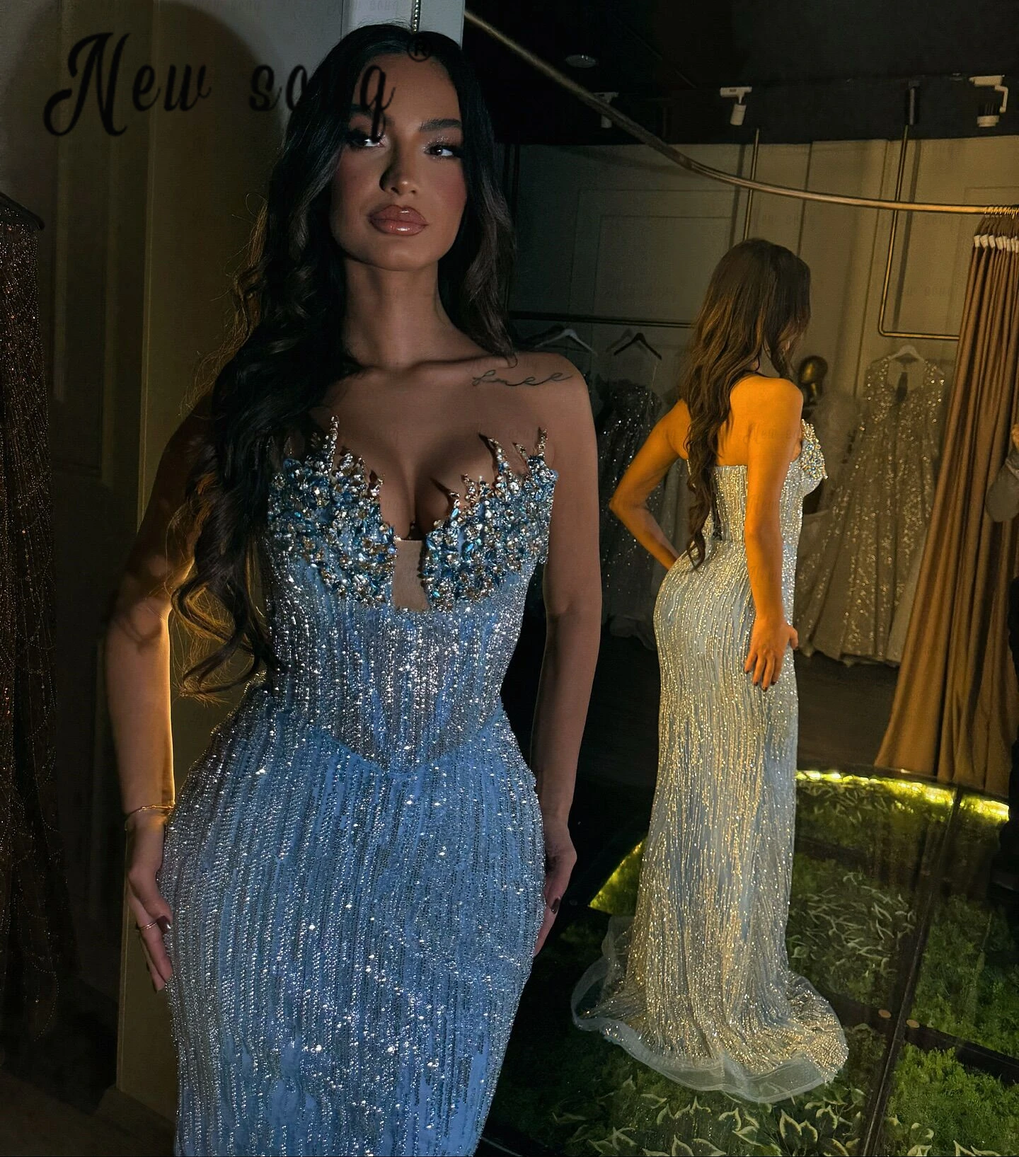 Bright Blue Strapless Mermaid Evening Night Dress for Women Luxury Beads Design Arabic Formal Prom Wedding Party Gown Customized