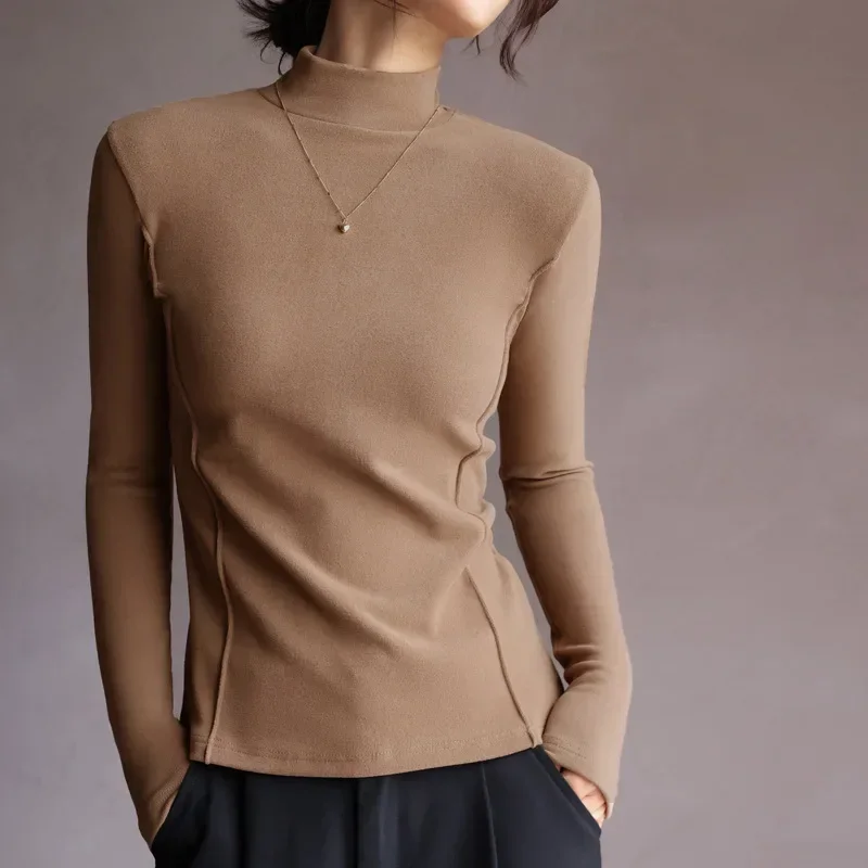 Micron German velvet half turtleneck bottoming shirt for women in autumn and winter plus velvet inner long-sleeved top