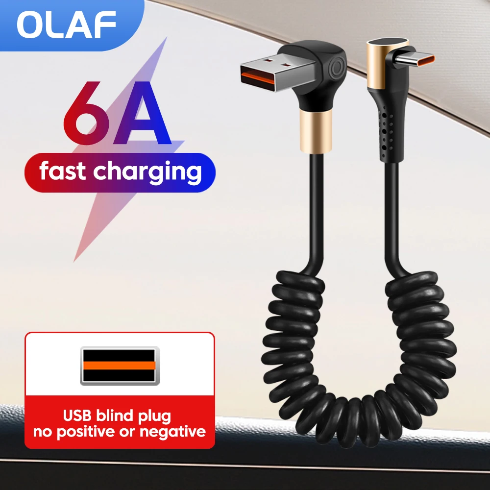 

Угловой пружинный кабель 90 градусов USB Type C 6A, быстрая зарядка, 1 м, выдвижной кабель для передачи данных типа C для iPhone 16 15 Sumsung, кабель USB C