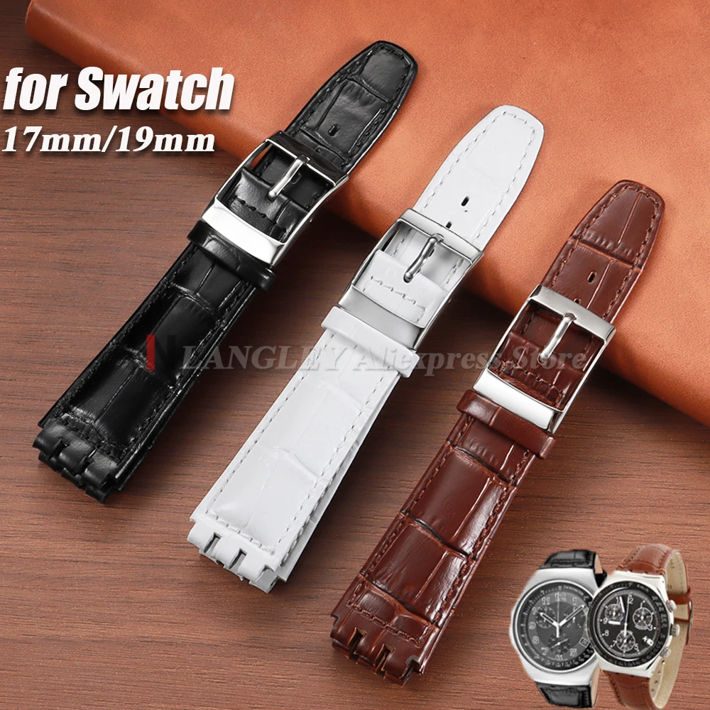 Per cinturino orologio SWATCH 17mm 19mm cinturino in vera pelle di vacchetta uomo donna impermeabile nero marrone cinturini sportivi di ricambio