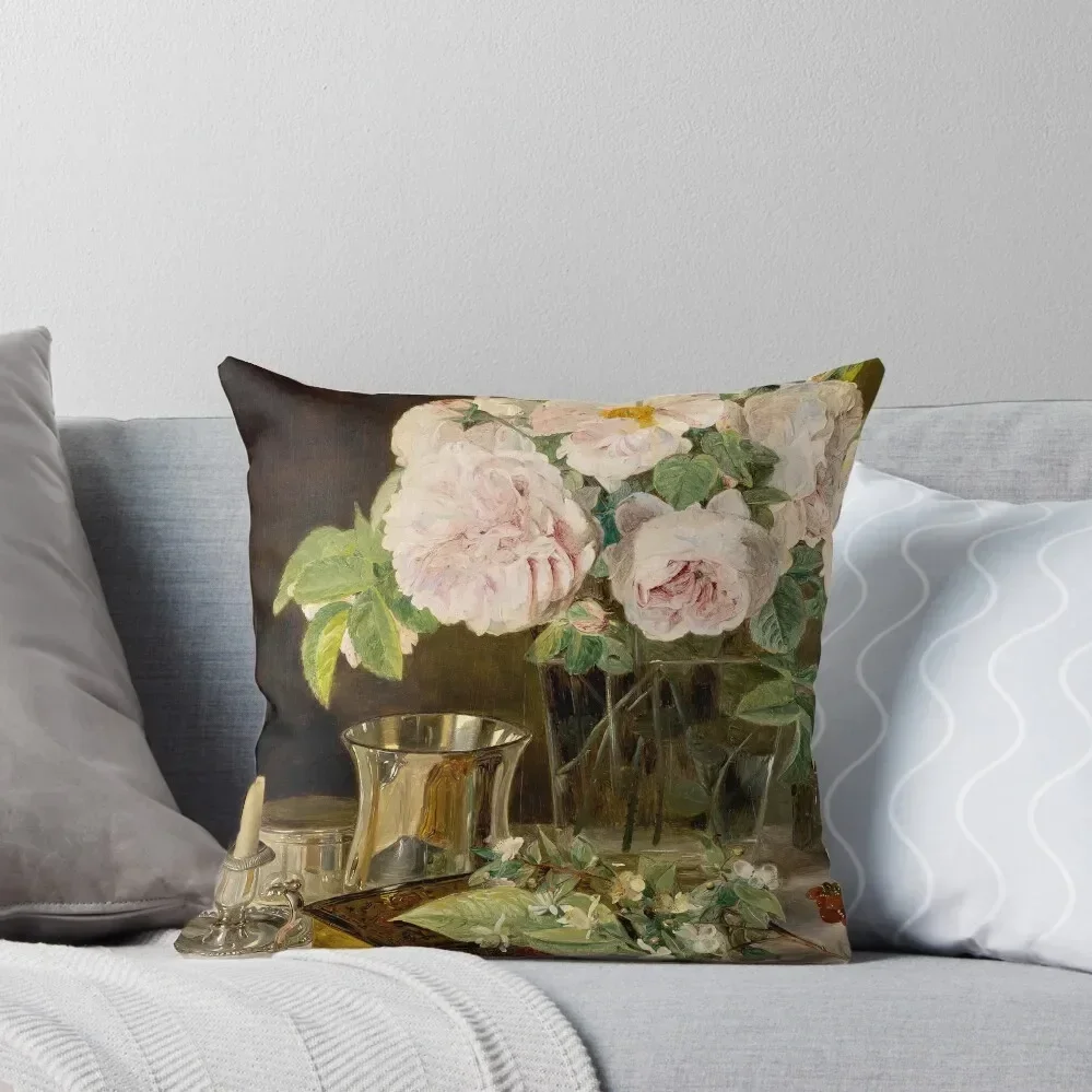 Still Life of Roses in a Glass Vase, A Candlestick, A Book, and Silver Cup by Ferdinand Georg Waldmüller (retouched Throw Pillow