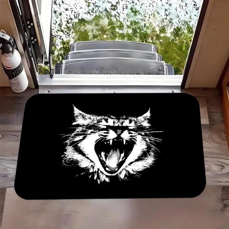 Black & White Screaming Cat Silhouette Doormat NonSlip Washable Entryway Floor Mat for Gothic Pet Lovers Home Decor