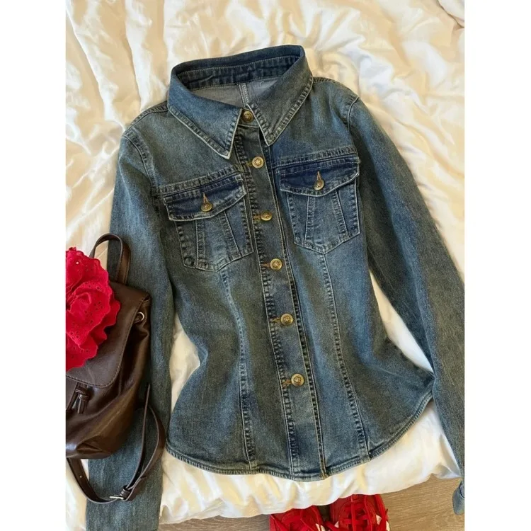 

Thin Slim Fit Long Sleeve Denim Shirt Jackets 2025 Spring Autumn New Denim Caot Women Y2k Lapel Neck Single Breasted Blouses