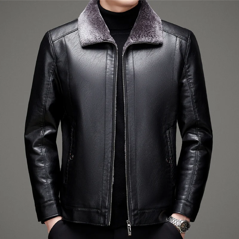 ZDT-8044 Winter Men\'s Genuine Leather Coat New Plush And Thickened Casual Fur One Piece Lapel Motorcycle Leather Jacket Coat