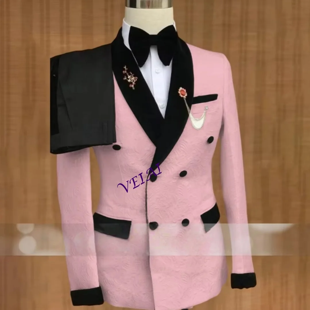 Men's Luxury Tailored White Jacquard Suit with Black Velvet Shawl Lapel Groom Bridal Customizable Wedding Attire