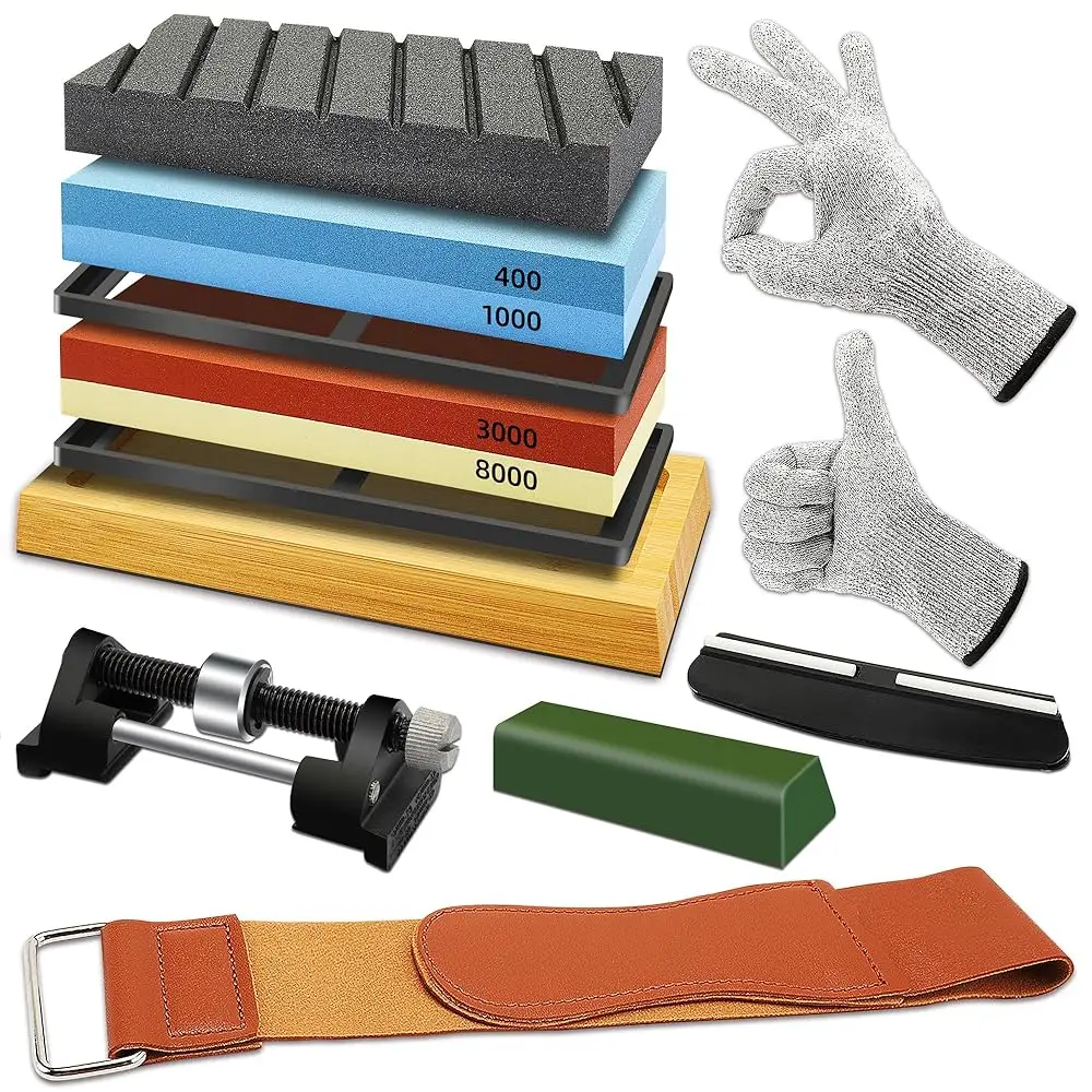 

Набор для заточки ножей: точильные камни 400/1000 и 3000/8000 грит с бамбуковой подставкой, направляющей для угла заточки, выравнивающим камнем и кожаным ковриком