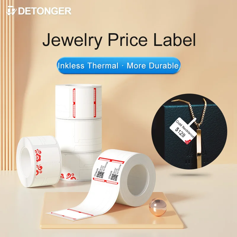 DETONGER Thermal Jelwery Label Paper 5 Rolls Waterproof Oilproof Scratchproof  Price Tag Free App Template Sticker Paper