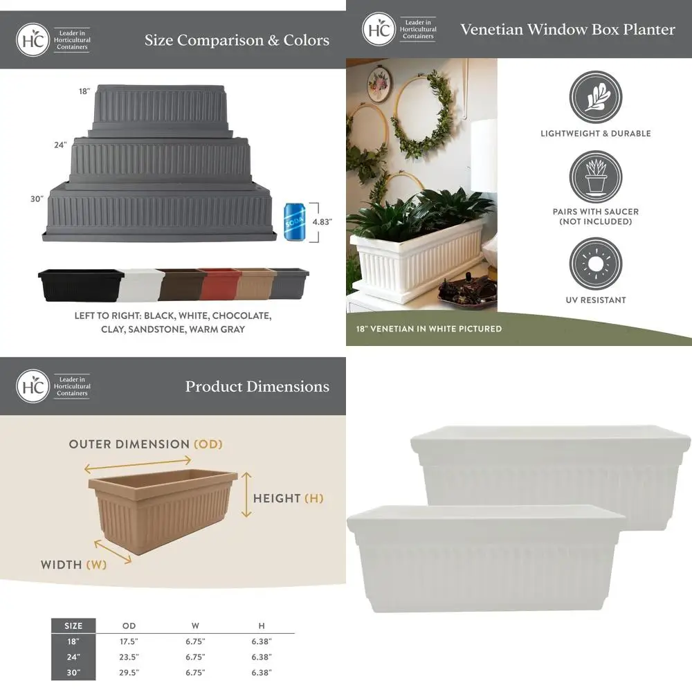 

Кашпо для оконных рам HC Companies, 24 дюйма, с дренажным отверстием, легкие, устойчивые к УФ-излучению пластиковые уличные кашпо, 2 шт.