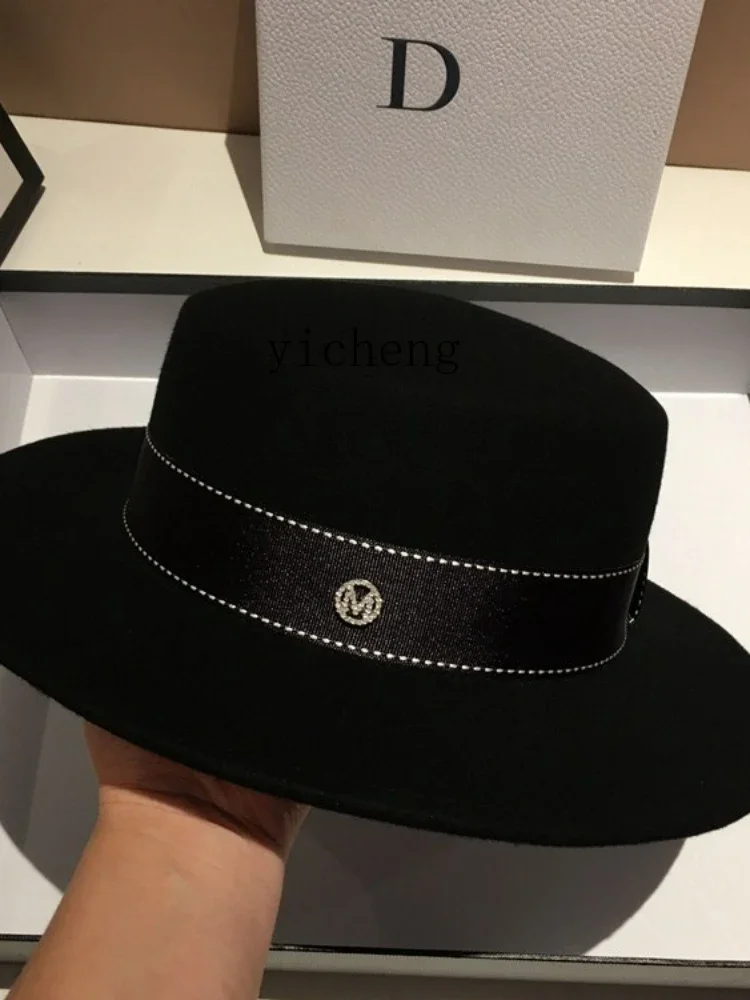 YY French Style New Flat Top Woolen Bowler Hat Women's Autumn and Winter British Retro Easy Matching Black