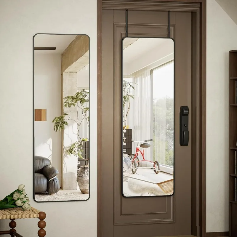 

14"x48" Full Length Over The Door Mirror, Aluminum Alloy Frame Full Body Mirror with Height-Adjustable Hangers