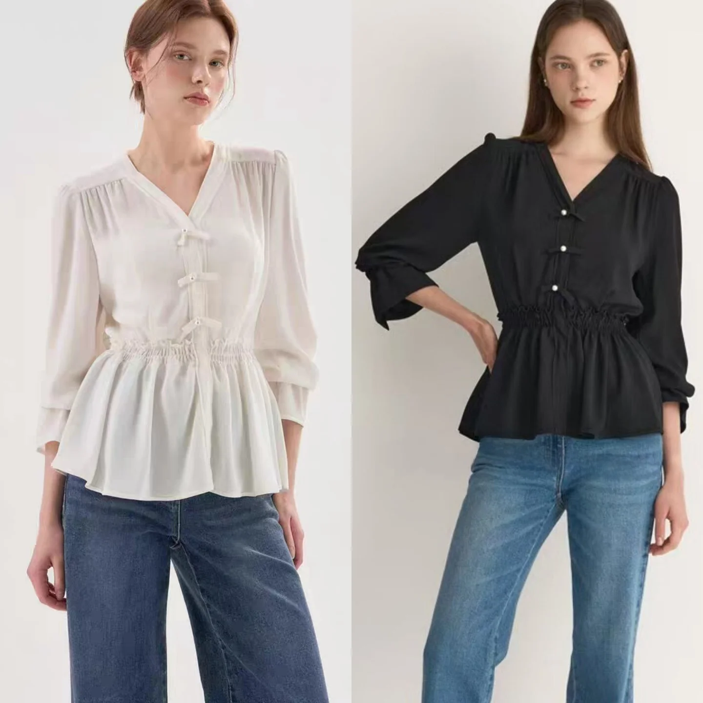 

Elegant Korean Style Silk Waist-Cinching Top Versatile Commute Shirt V-Neck Long Sleeve Button Detail Straight Cut Women's Shirt