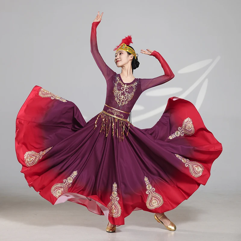 Costumes de spectacle de danse du Xinjiang pour femmes, robe folklorique ouïghoure de la minorité ethnique, jupe de scène de pratique nationale mongole et tibétaine
