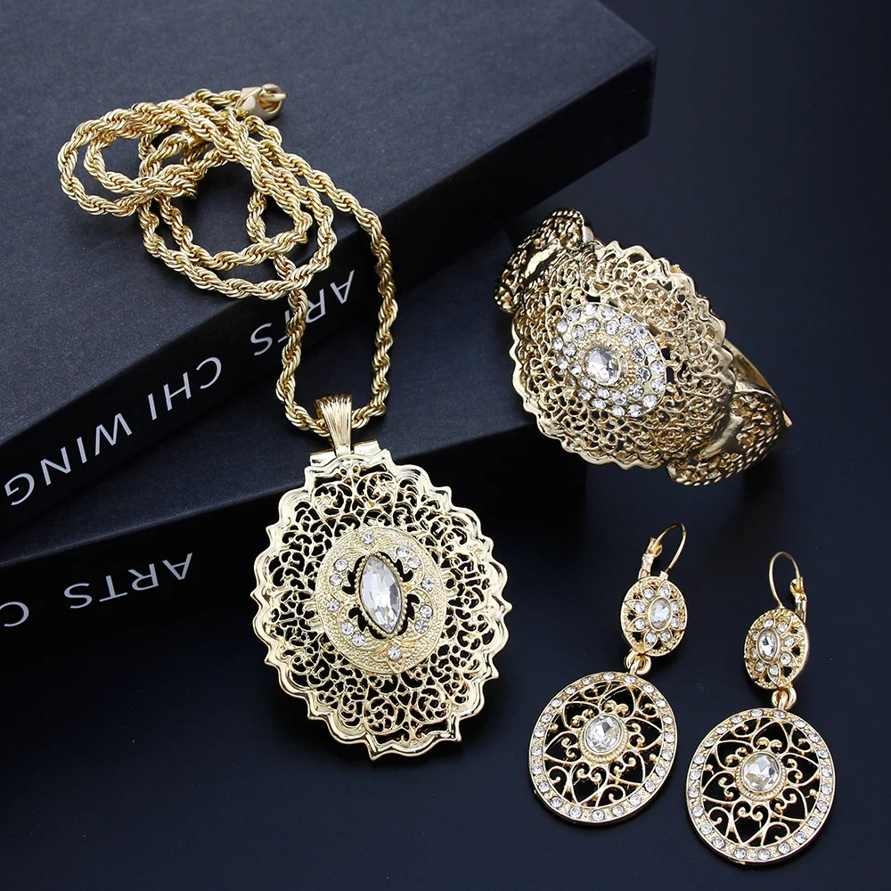 Sunspicems Gold Color Morocco Women Jewelry Sets Drop Earring Necklace Bracelet Arab Bride Wedding Jewel Hollow Arabesque Bijoux