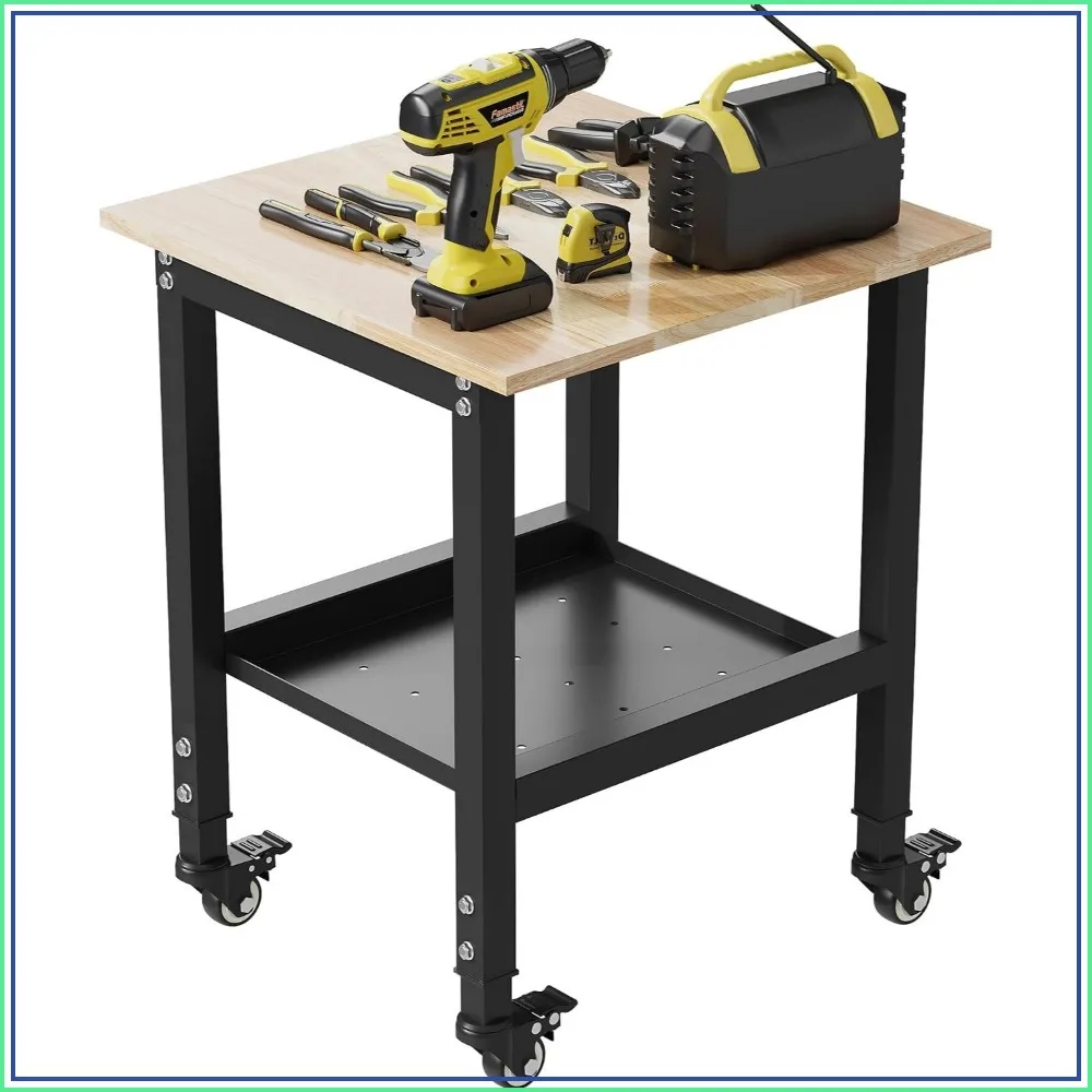 24in Adjustable Heavy Duty Workbench, 1200 LBS Rubber Wood Top Work Table for Garage